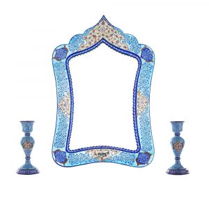 آینه شمعدان میناکاری شده آبی طرح مسجدی