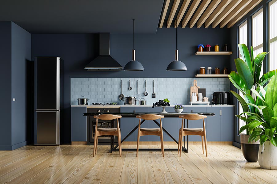 دکوراسیون ساده آشپزخانه با ترکیب رنگ آبی پر رنگ
